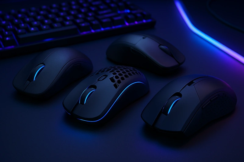 Collection of wireless gaming mice on a desk