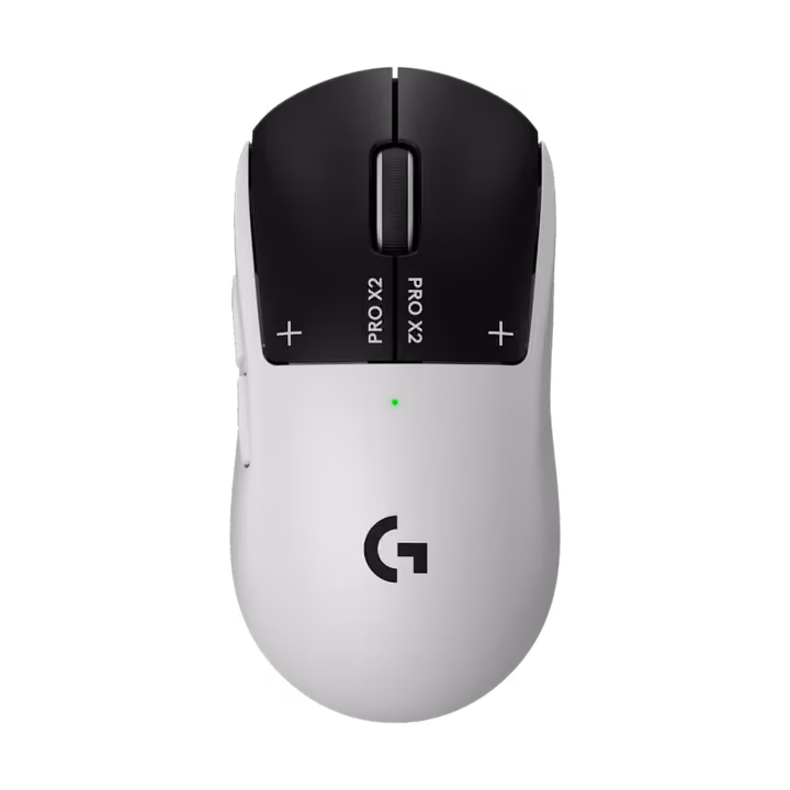 Logitech PRO X2 SUPERSTRIKE mouse in Black & White, top view